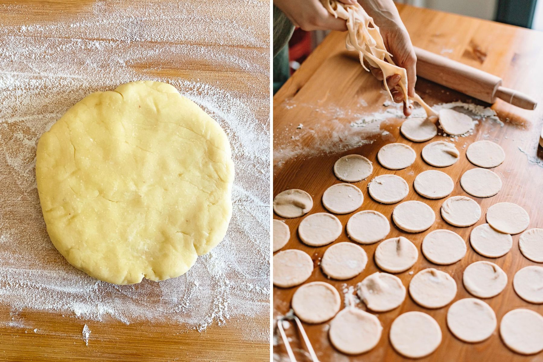 Collage of two images of pie crust on table.