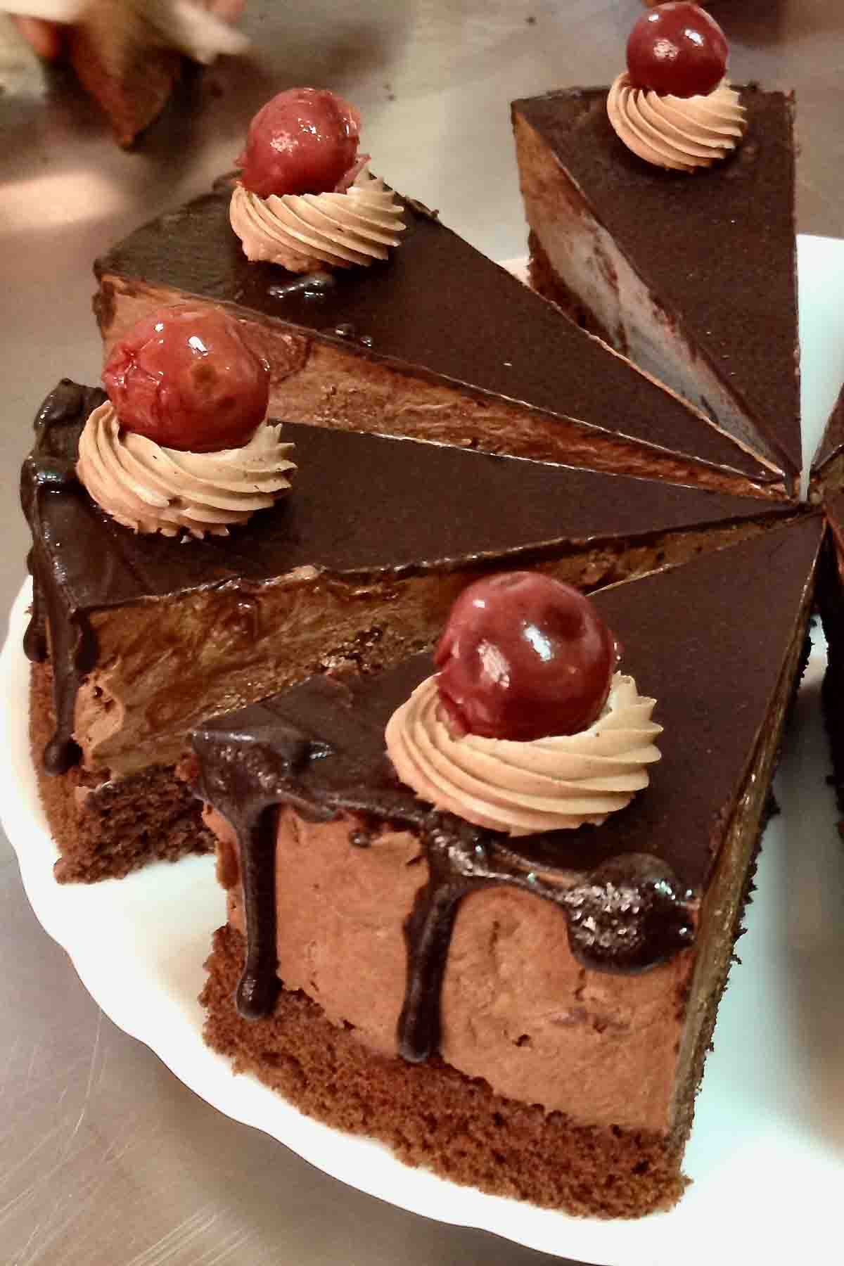 This Chocolate Cake with Tart Cherries is a real treat for any type of celebration. From holidays to birthday parties, this recipe is a winner. Chocolate Cake With Sour Cherries Close up image.