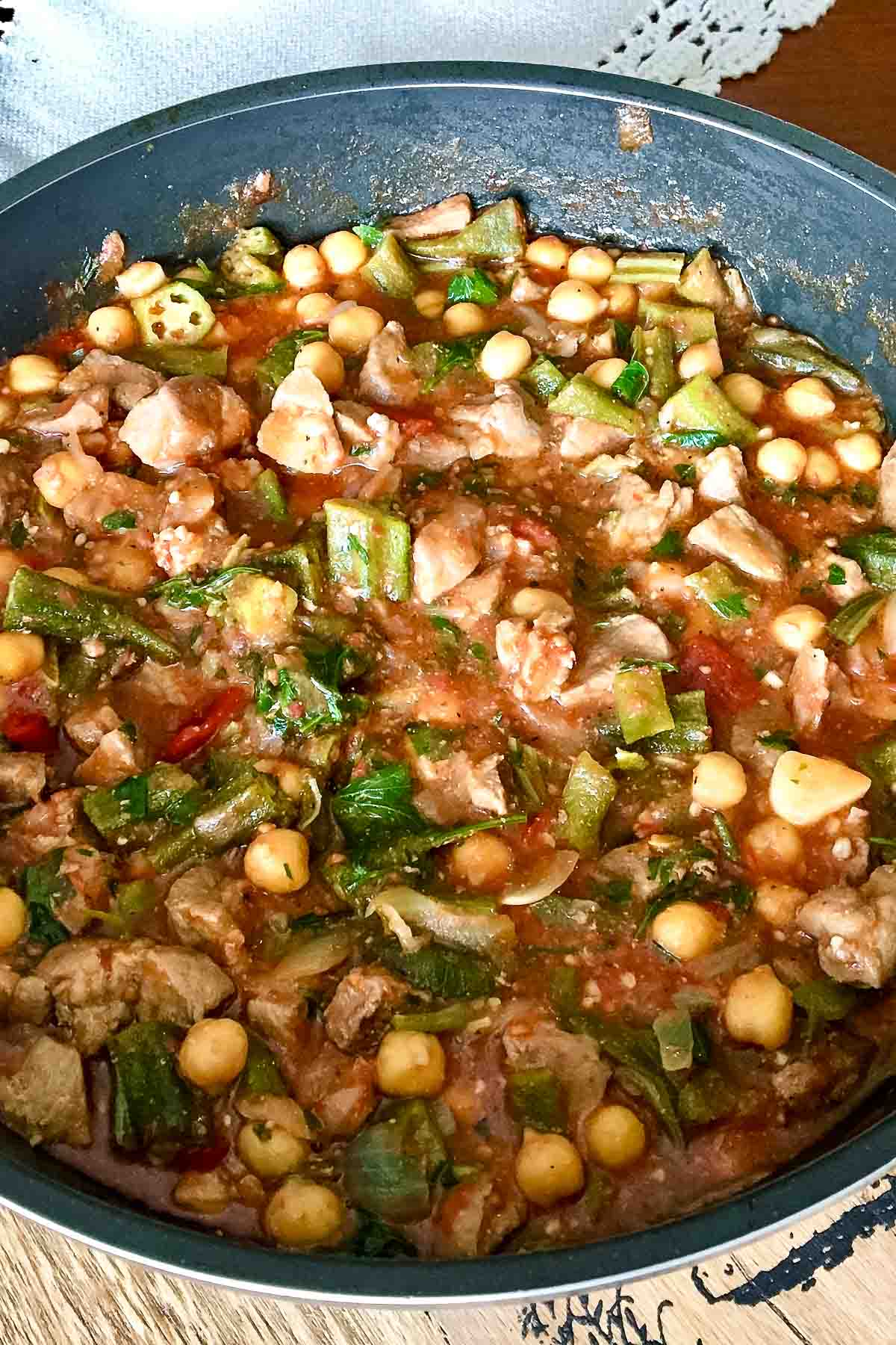 Okra With Pork in a skillet.