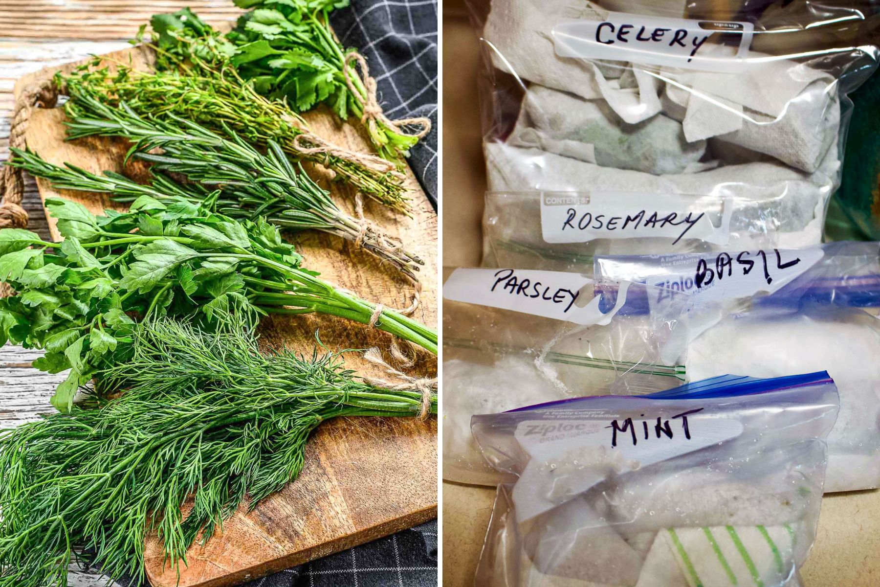 How To Freeze Herbs in bags collage of two images.