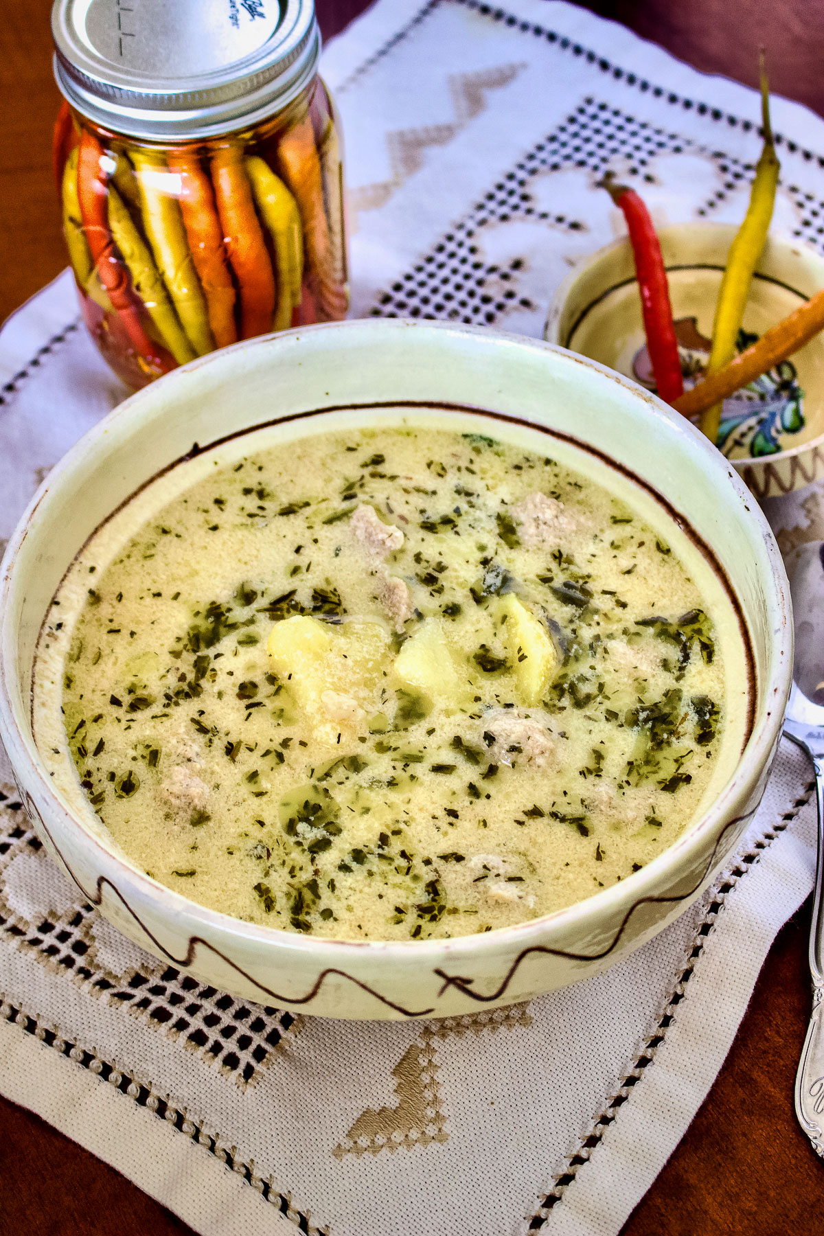 Potato Soup with pickled hot peppers