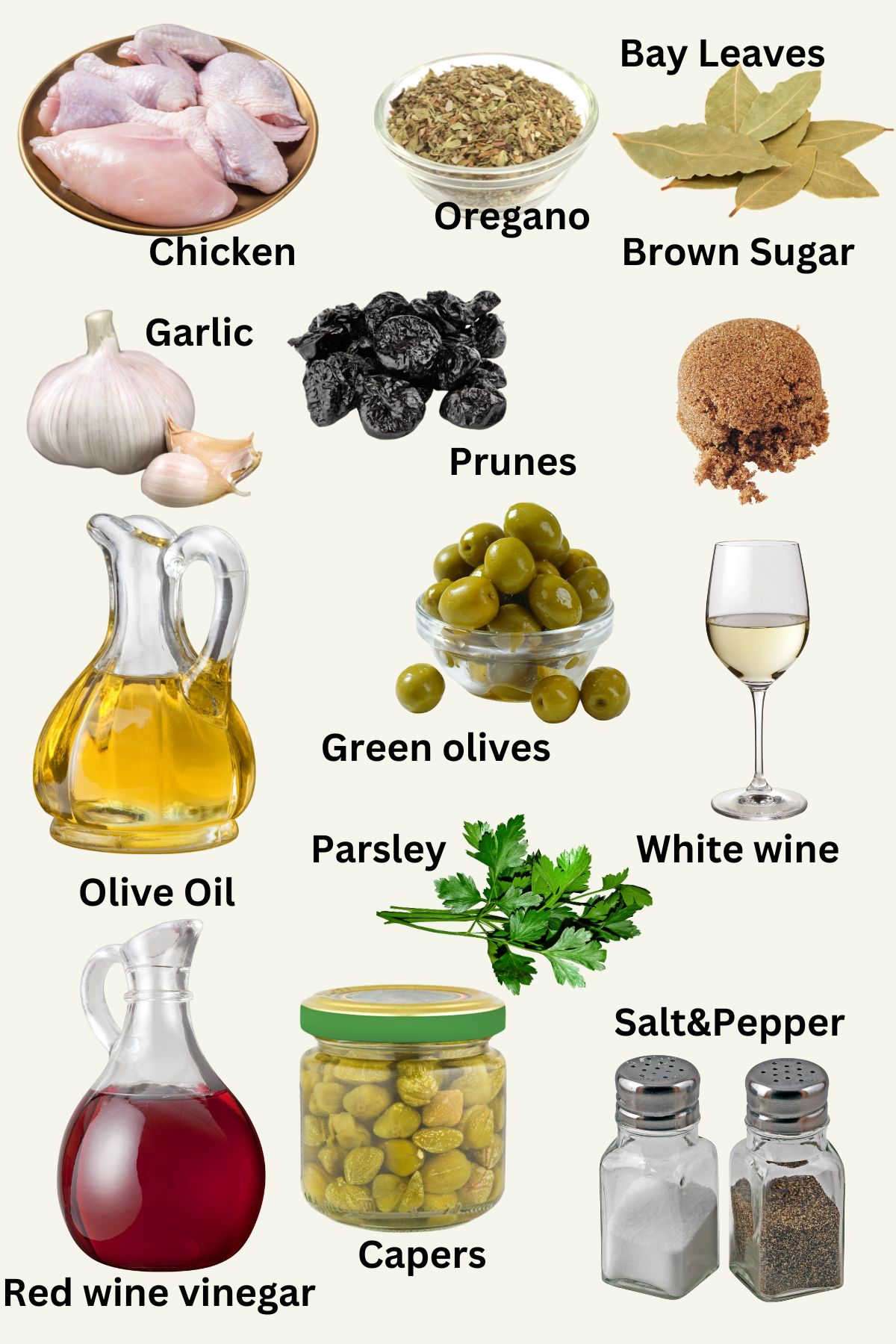 Ingredients Collage for Chicken Marbella.