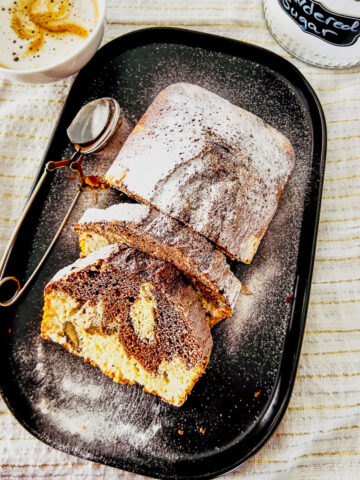 Marble pound cake with powdered sugar square photo0