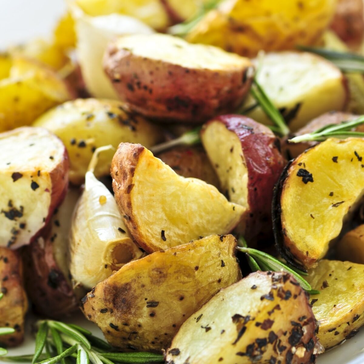 Roasted potatoes in a bowl.