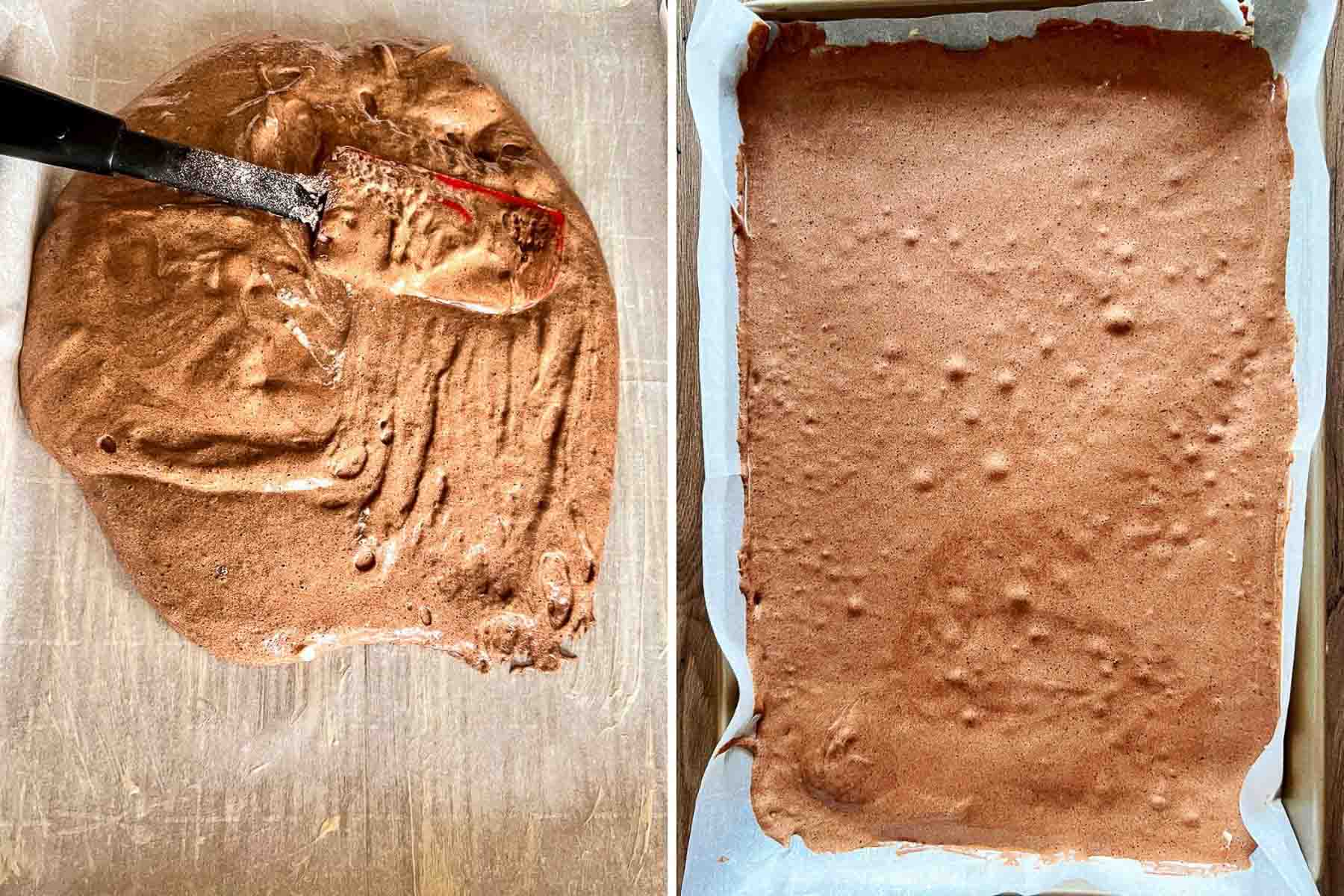 Transfer the cake batter to a baking tray collage of two images.