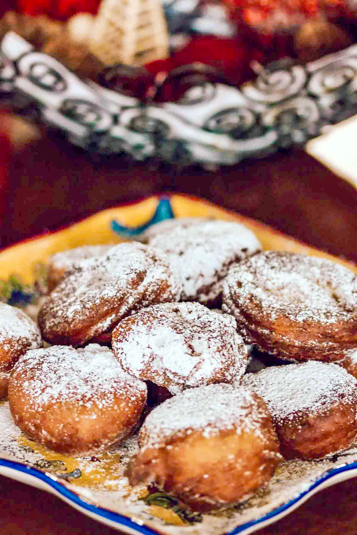 Easy banana doughnuts Banana Doughnuts on a yellow platter.