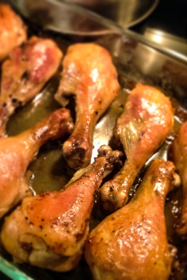 Brandy-Vanilla Butter Roasted Chicken Drumsticks- Fascinating recipe and so unusual! Delicious chicken drumsticks that are moist, perfumed and perfect for a fancy dinner. Brandy-Vanilla Butter Roasted Chicken Drumsticks- close up
