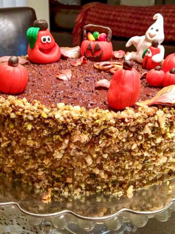 Chocolat Walnut rum Cake With Halloween Decorations.