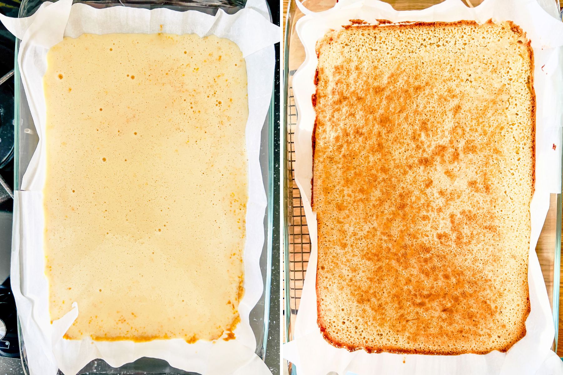 Collage of unbaked versus baked lemon bars