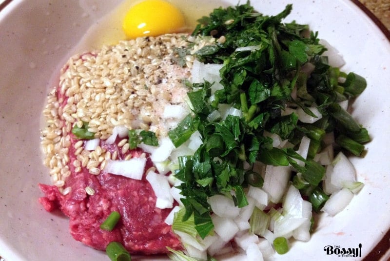 Romanian meatballs sour soup or Ciorba de Perisoare - ingredients for the meatballs- rice, onion, ground beef, parsley, spices