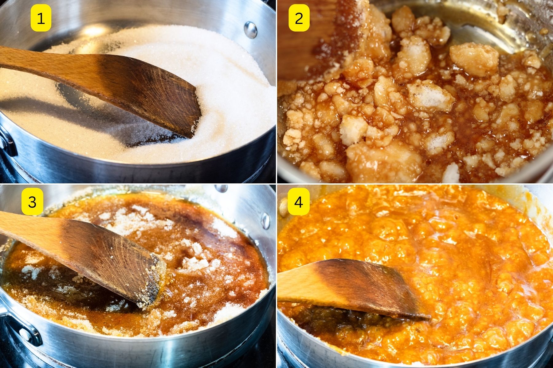 Collage of steps to caramelize sugar for flan
