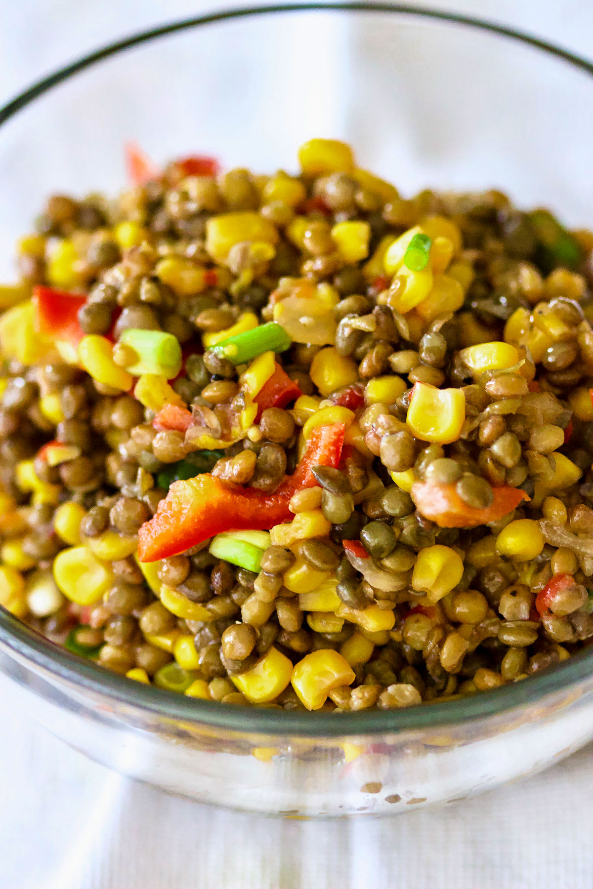 Lentils Corn And Pepper Salad in a glass bowl