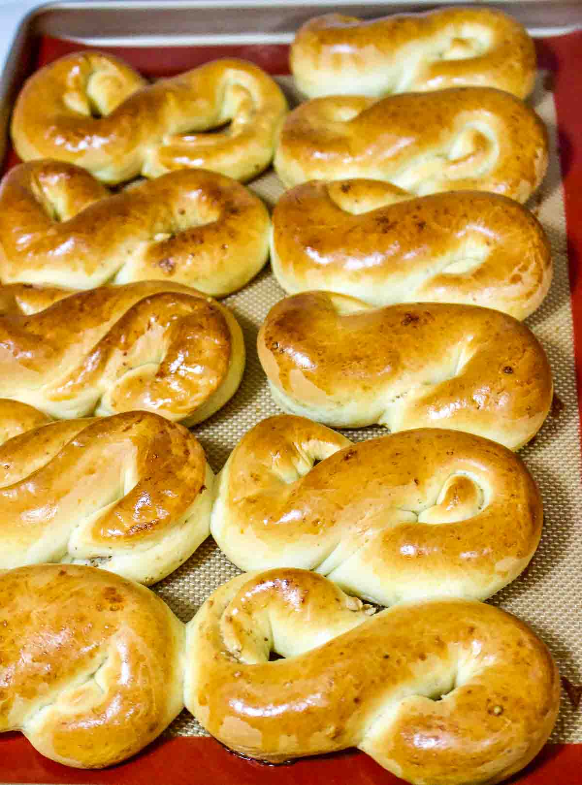 Baked pastries Mucenici on the baking sheet.