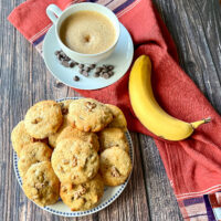 Banana Walnut Chocolate Chips Cookies on platter with coffee in the background0