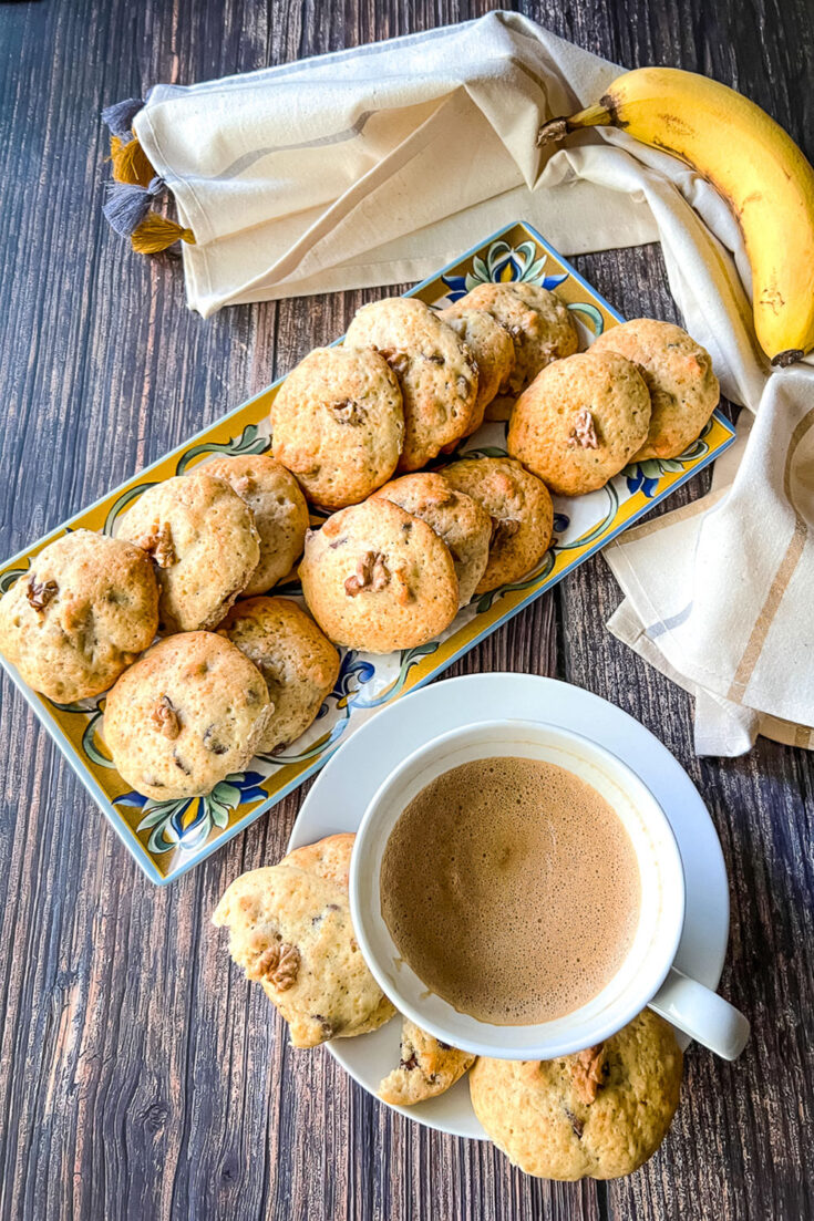 Banana Walnut Chocolate Chips Cookies next to a tea towel