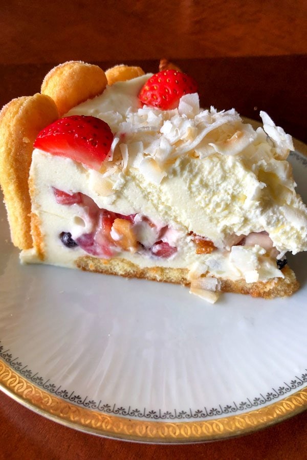 Charlotte Russe cake slice on white plate