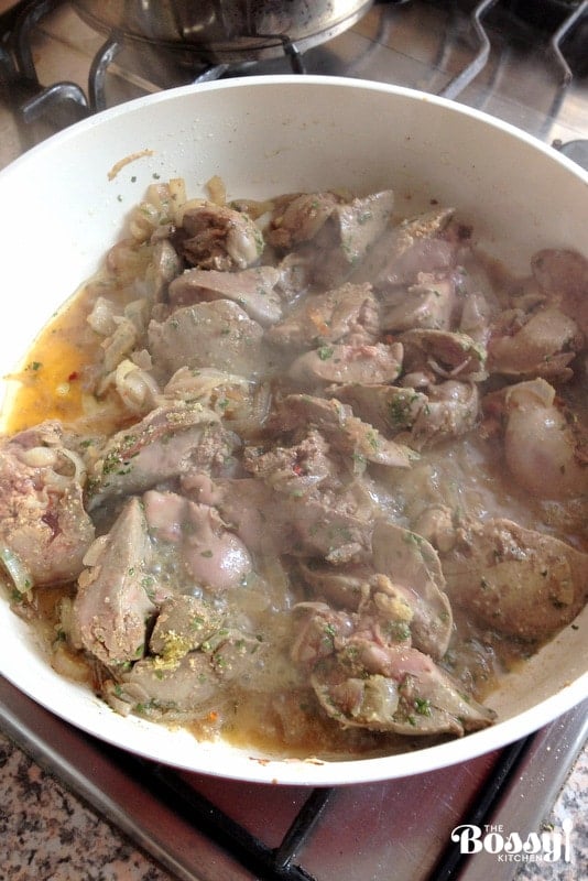 Chicken Livers cooking with other ingredients in the pan