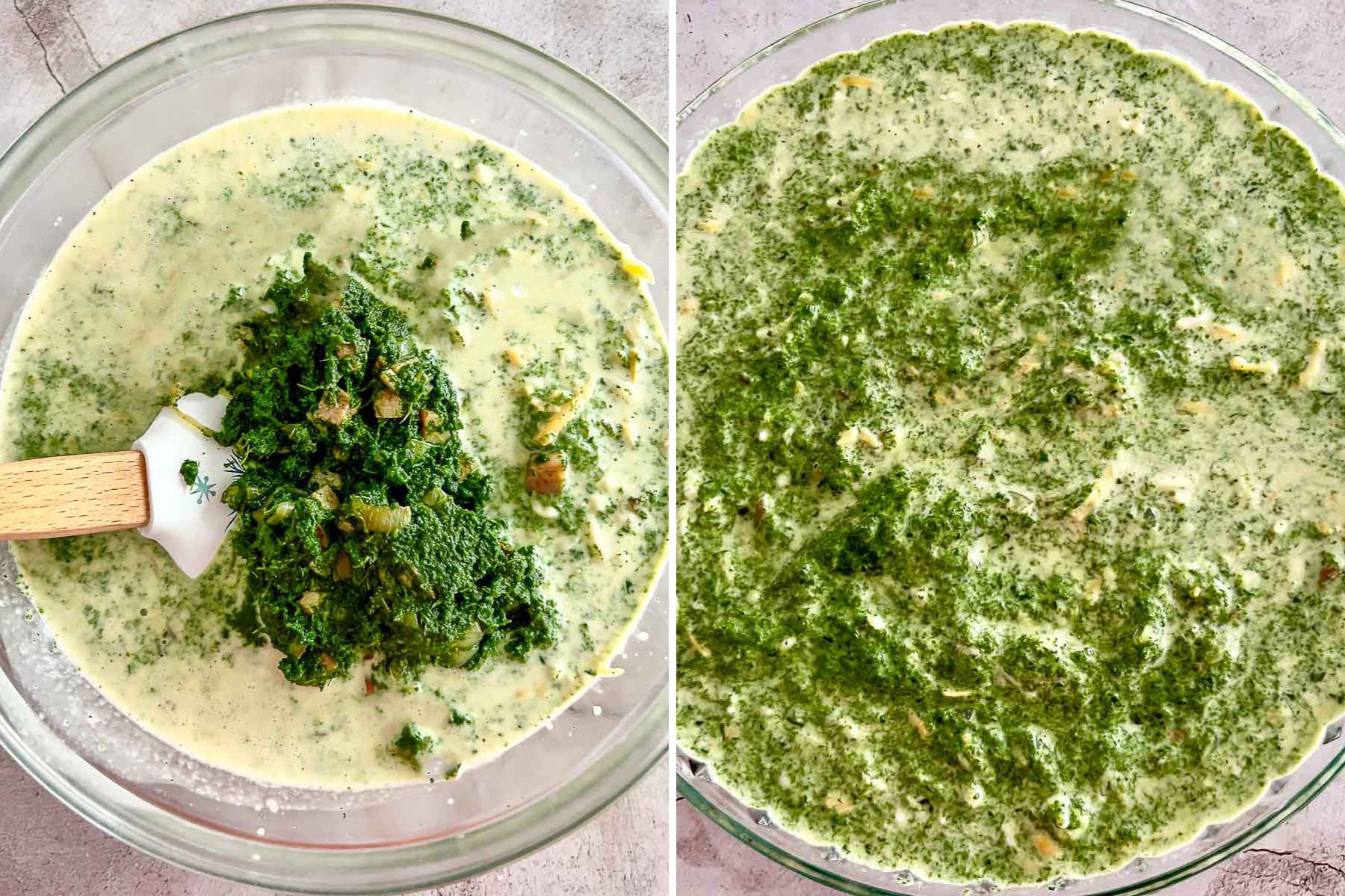 Preparing the unbaked quiche for baking.