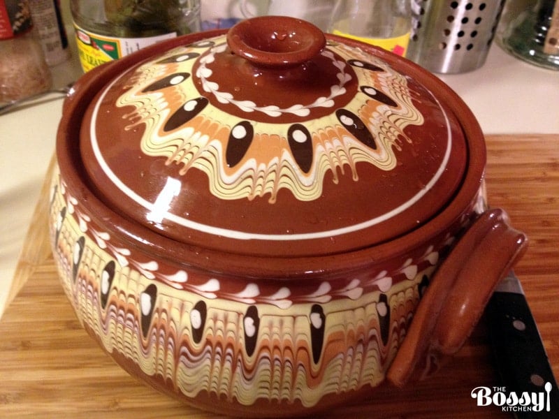rustic clay pot for Romanian Stuffed Grape Leaves-Dolmades