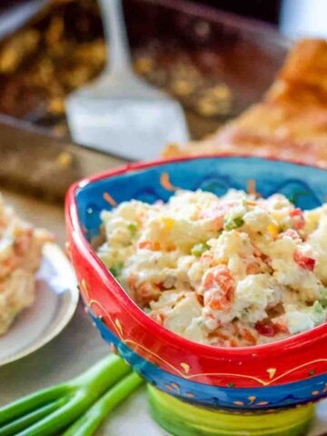 Spanish Ensaladilla Rusa served from a colorful bowl.