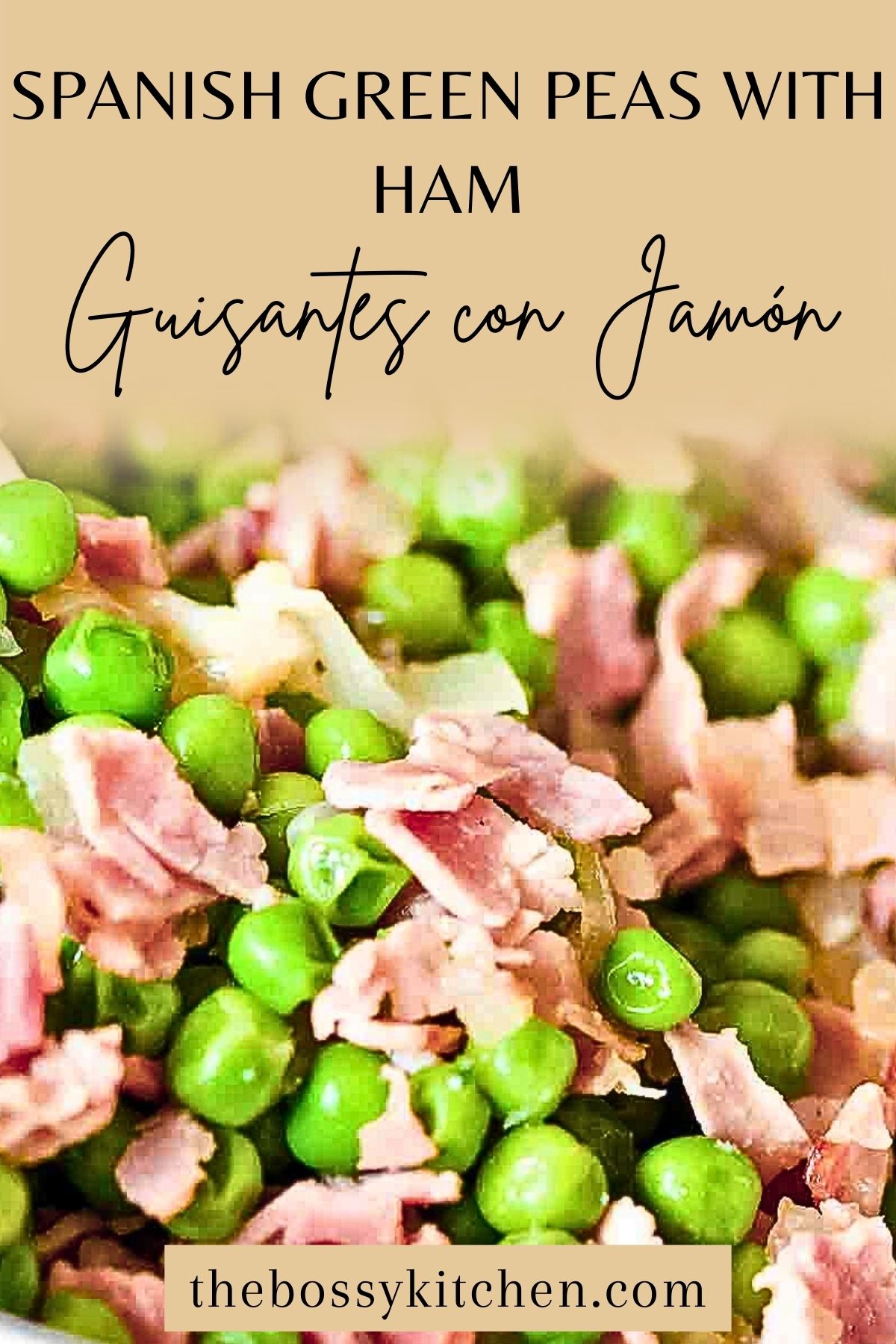 Easy Green Peas With Ham- Spanish recipe- is an easy dish that can be made in no time using fresh or frozen peas. For authenticity, use jamon Serrano. Spanish Green Peas With Ham Pinterest Collage.
