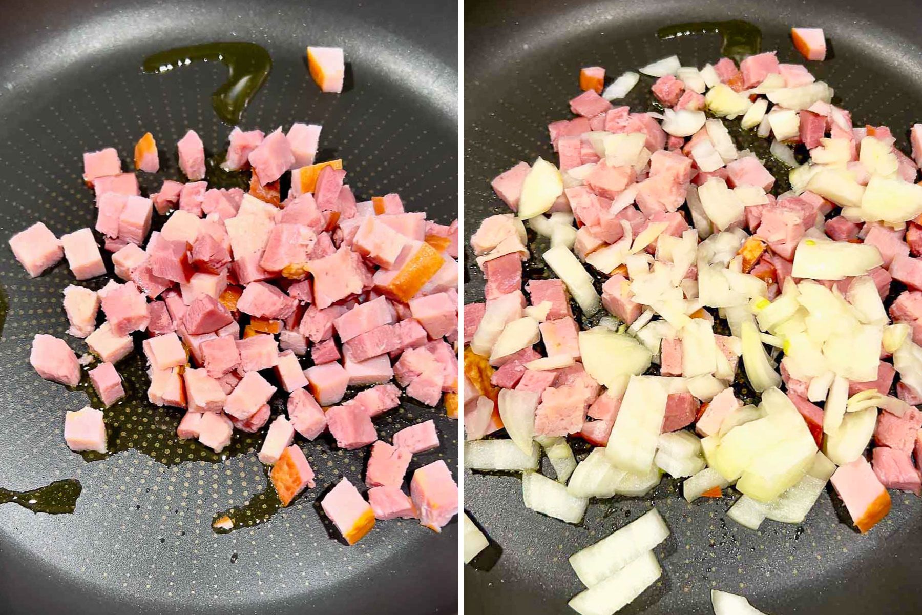 Steps for cooking ham and onions in a skillet.