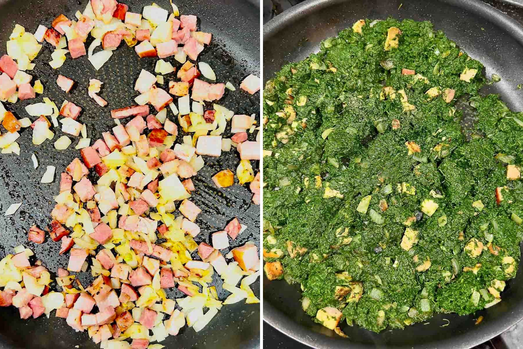 Steps for cooking the filling for spinach quiche.