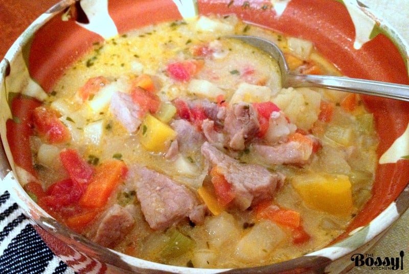 This Traditional Romanian Sour Soup with Pork and Vegetable is a recipe that uses a variety of vegetables, pork, sour cream and vinegar. Traditional Romanian Sour Soup with Pork and Vegetables in a bowl