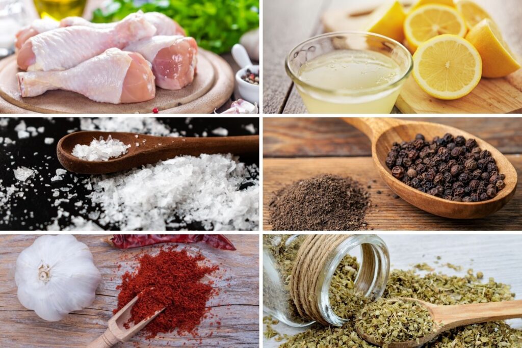 Roasted Lemon Chicken Drumsticks Recipe12 ingredients for the lemon garlic roasted chicken- collage