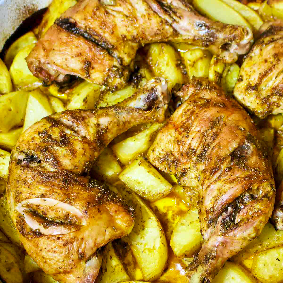 Roasted chicken with potatoes square image.