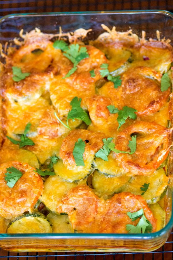 Baked zucchini tomato and mozzarella casserole-close up