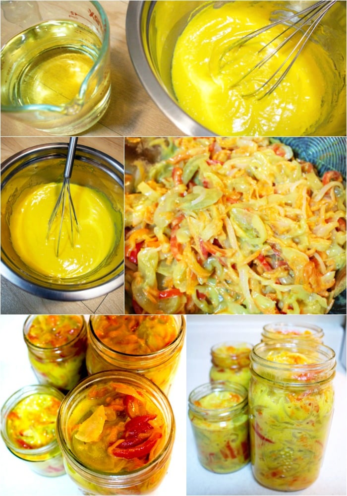 Mustard Pickled Vegetables3 Mustard Pickled Vegetables- mustard mayo and mixture of the vegetables put in jars