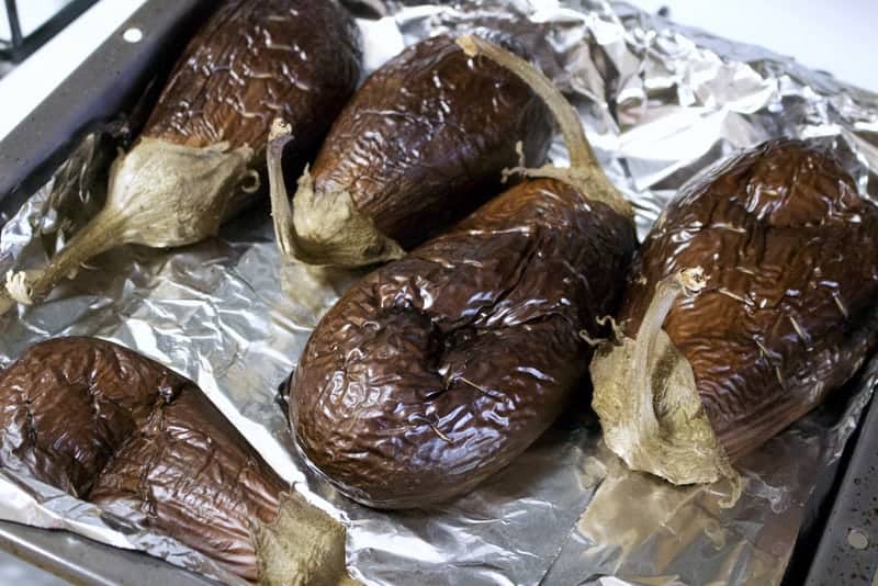 Roasted eggplants on a baking tray.