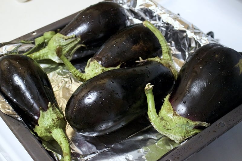 Eggplants ready for roasting in the oven.