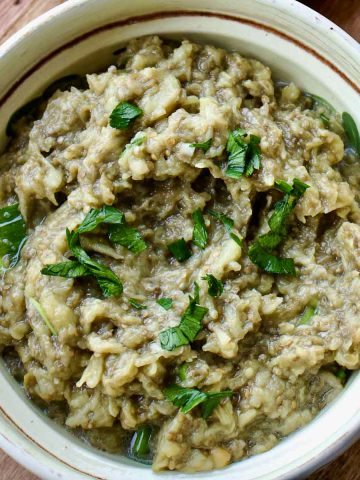 Romanian Roasted Eggplant Salad in a rustic bowl.