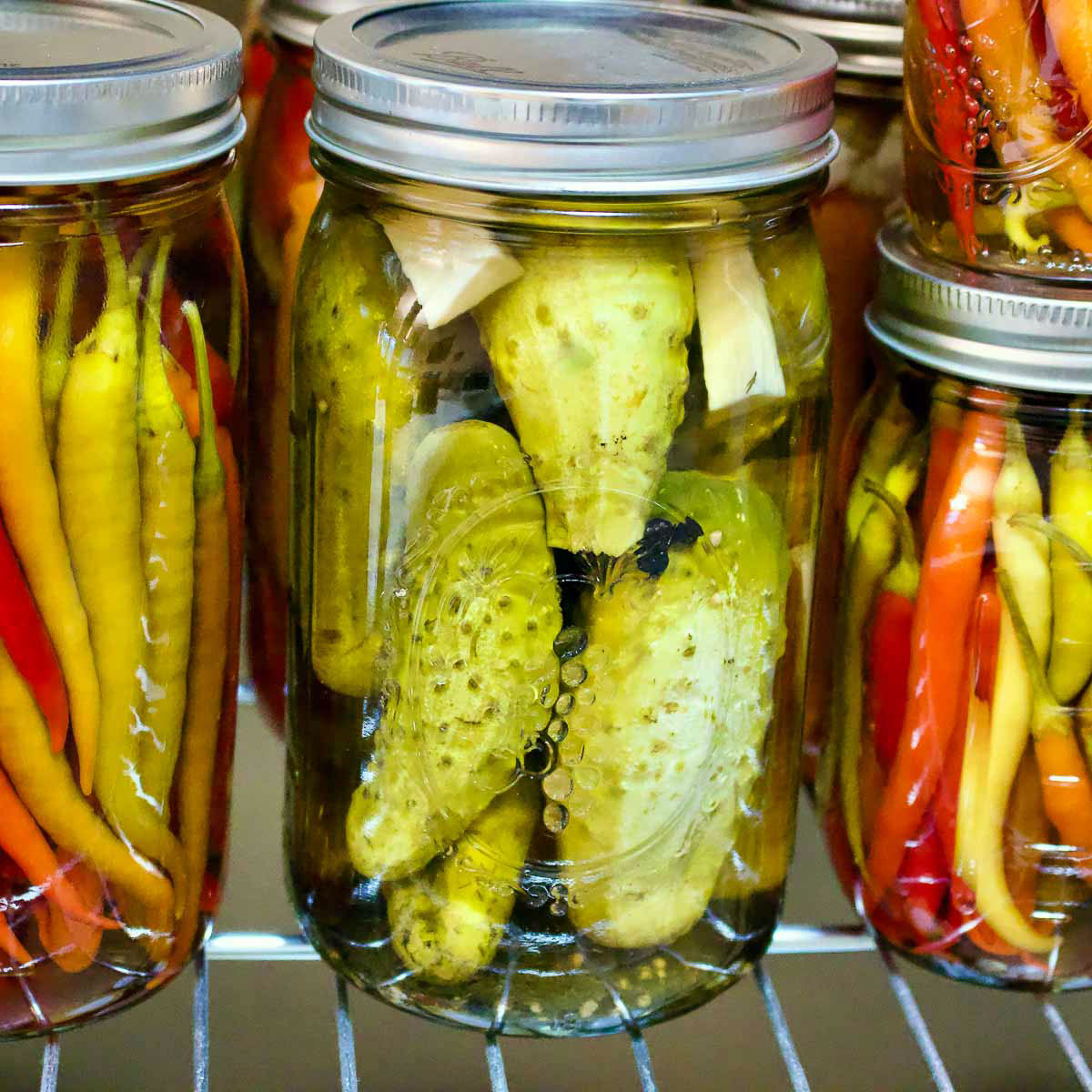 Pickles and other vegetables in jars.