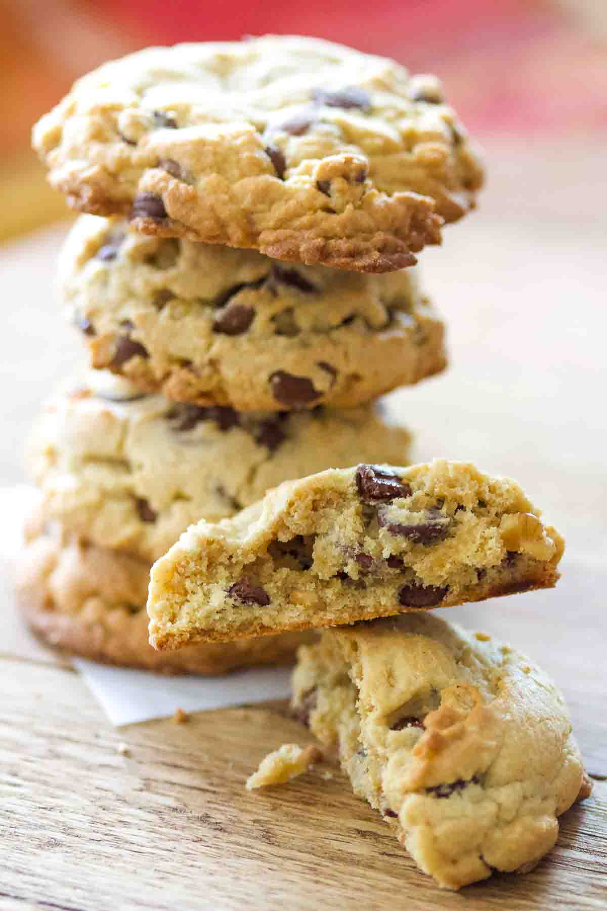 Chocolate Chip Cookies stacked.