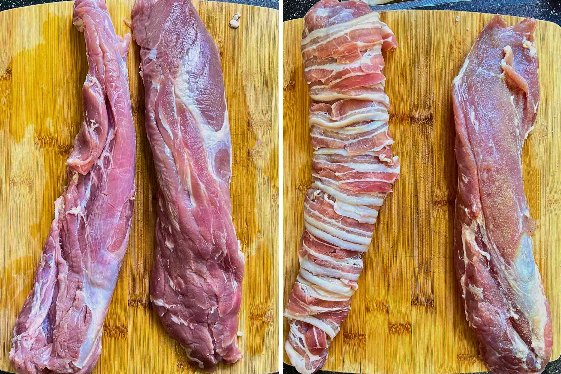 Collage of two images of pork tenderloin getting wrapped in bacon.