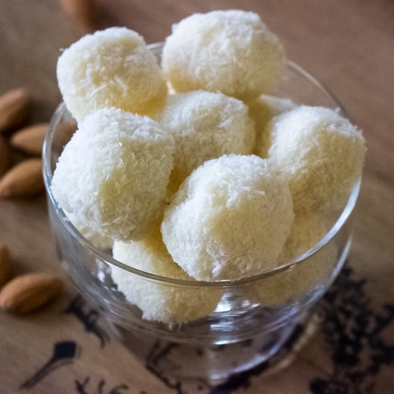 Homemade Raffaello Coconut and Almonds Confections- in a bowl- overhead picture