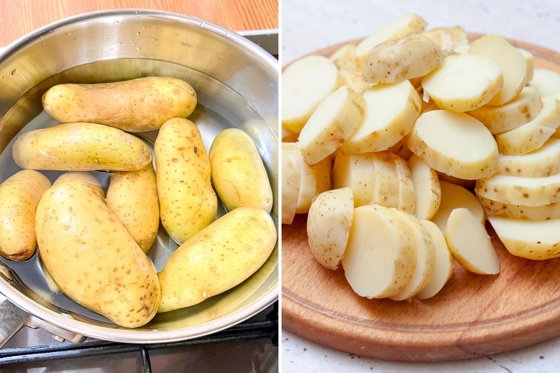 Boiled potatoes then sliced collage.