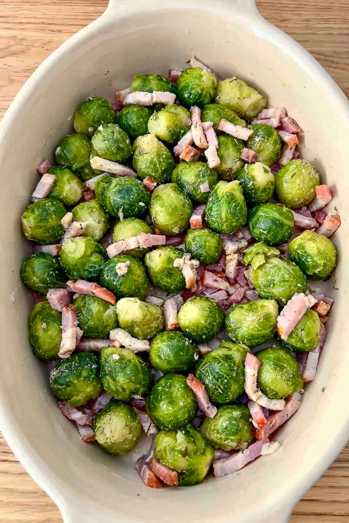 Brussels Sprouts with Bacon and spices ready for baking1200