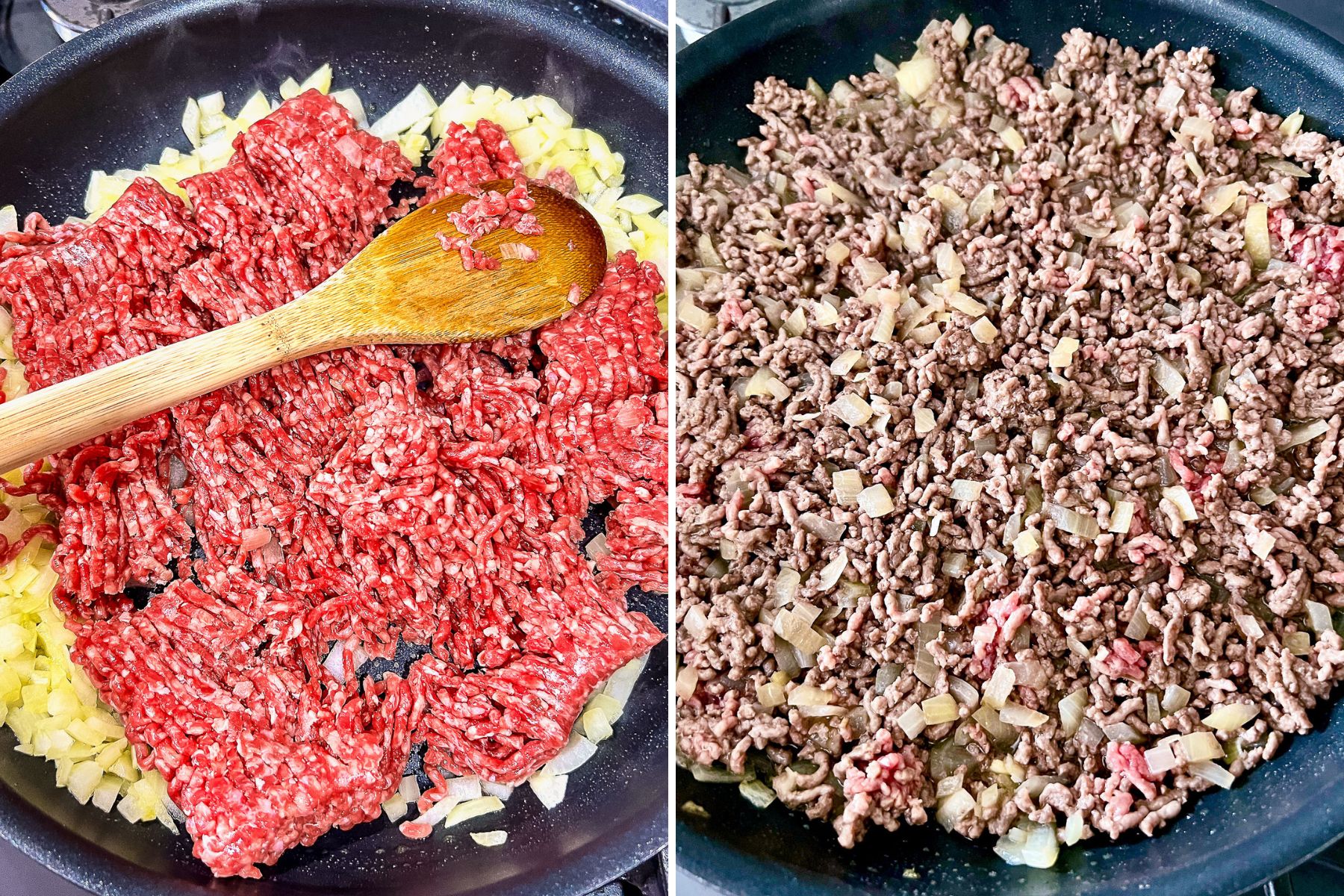 Cooking ground meat for moussaka- collage of two images showing the steps.