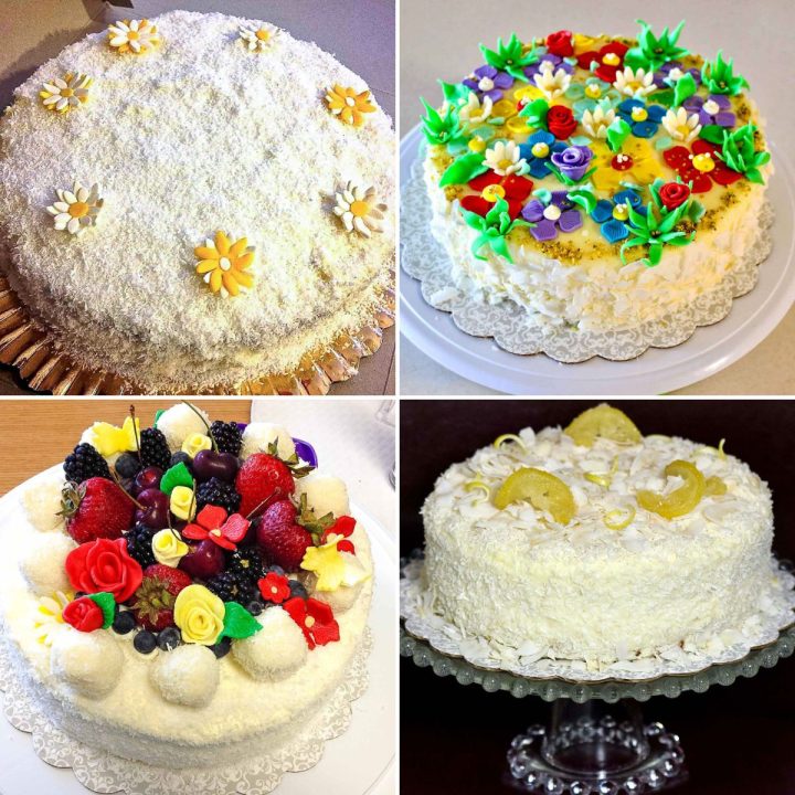 Cream cheese lemon coconut cake is a versatile recipe that can be made any time of the year. It is suitable for the holidays or any celebrations when you need a beautiful dessert that everyone can have. It has a subtle tropical taste from the lemon and the coconut combination. Collage of same cake decorated in four different ways.