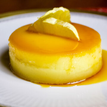 Spanish Orange Almond Flan close up.