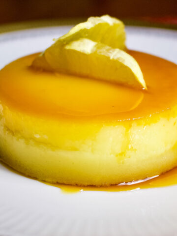 Spanish Orange Almond Flan close up.