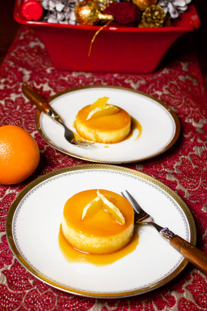 Spanish Orange Almond Flan on dessert plates on table