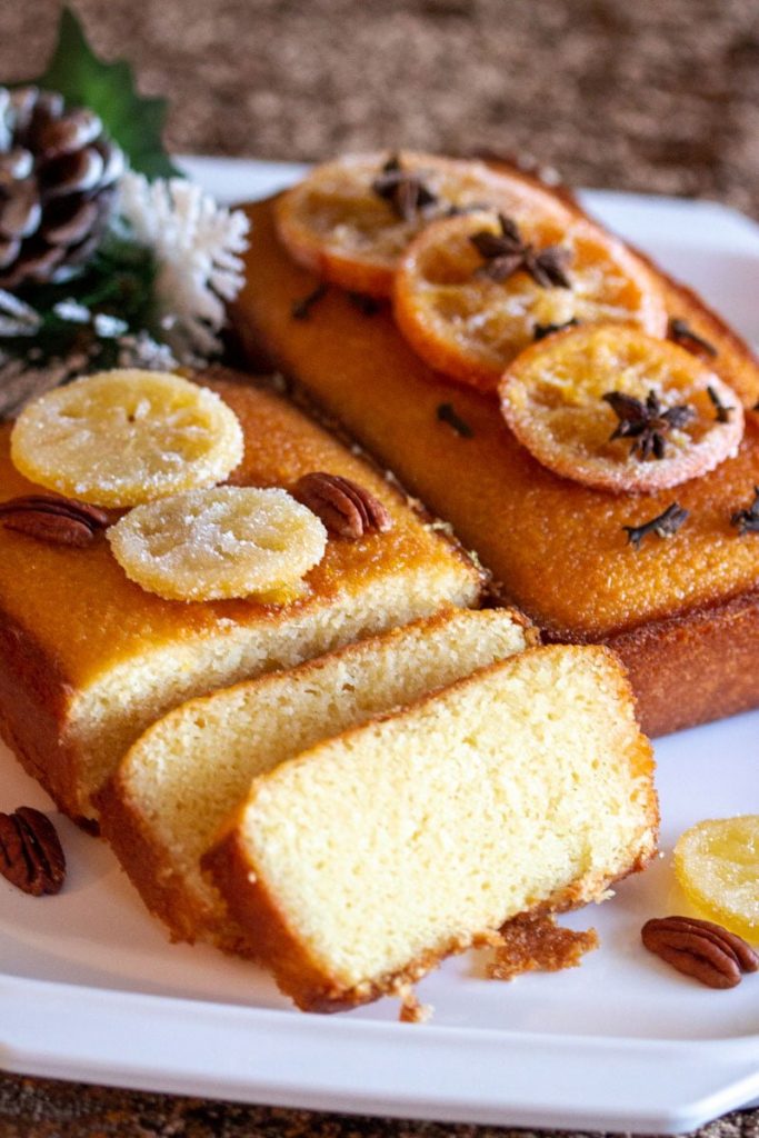 old fashioned lemon bread with lemon syrup slices- close up