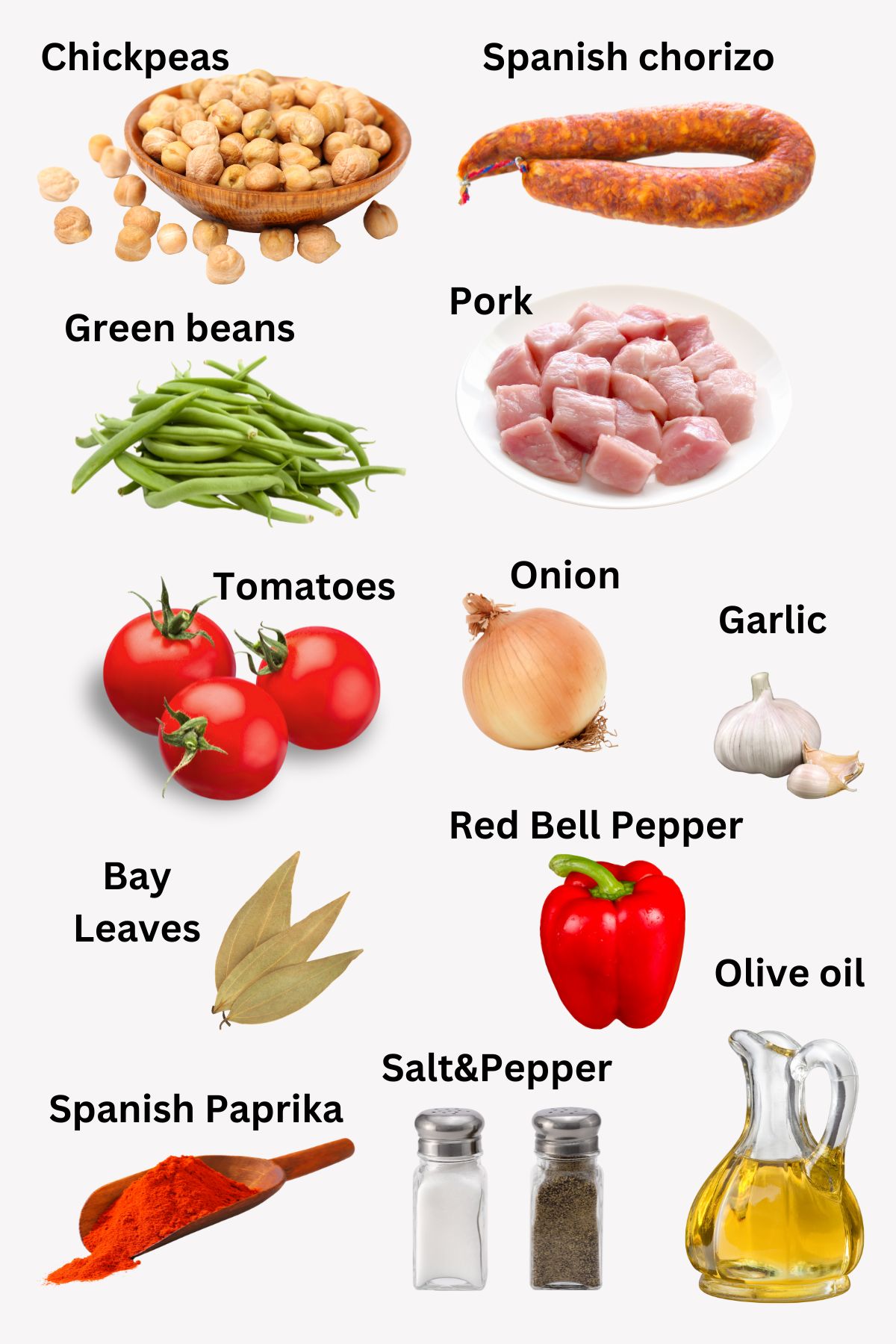 Collage of ingredients for chickpeas green beans stew with pork and Spanish chorizo.