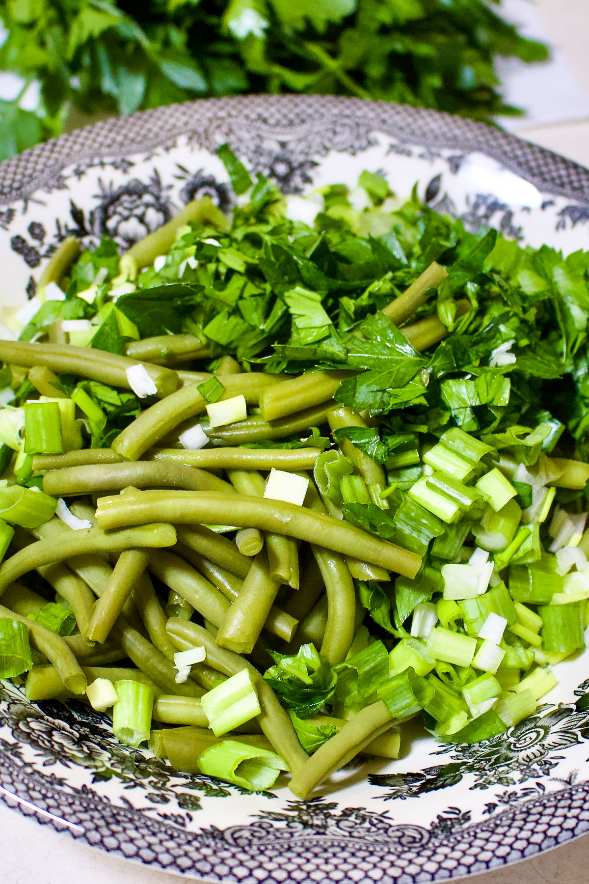 Romanian Garlic Green Beans Salad is a traditional summer salad. An easy way to eat green beans, this salad makes a great addition to your meal. It is served cold and stays well until the next day. In the winter, I use lots of frozen green beans, but in the summer I love going to the Farmers Market and buy fresh ones. Green beans with onions garlic and parsley in a salad bowl
