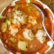 Meatballs Soup in a Romanian traditional bowl.